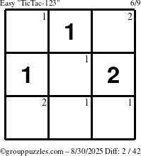 The grouppuzzles.com Easy TicTac-123 puzzle for Saturday August 30, 2025 with the first 2 steps marked