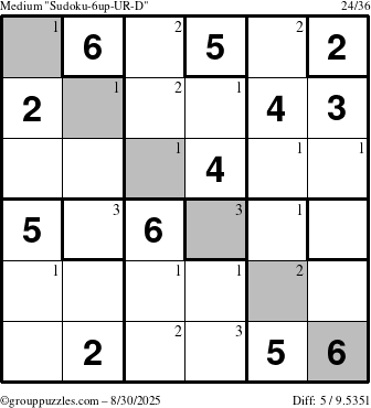 The grouppuzzles.com Medium Sudoku-6up-UR-D puzzle for Saturday August 30, 2025 with the first 3 steps marked
