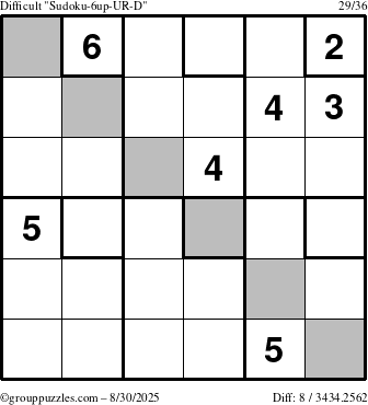 The grouppuzzles.com Difficult Sudoku-6up-UR-D puzzle for Saturday August 30, 2025