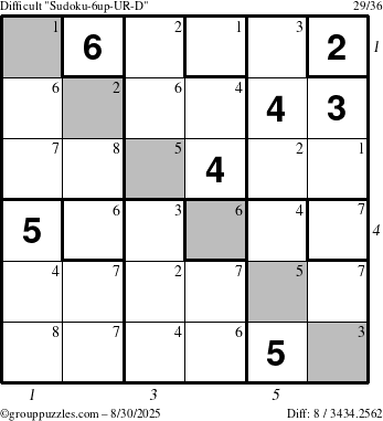 The grouppuzzles.com Difficult Sudoku-6up-UR-D puzzle for Saturday August 30, 2025, suitable for printing, with all 8 steps marked