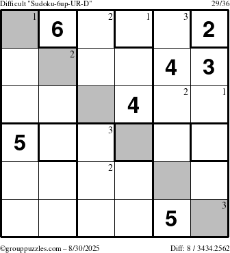 The grouppuzzles.com Difficult Sudoku-6up-UR-D puzzle for Saturday August 30, 2025 with the first 3 steps marked