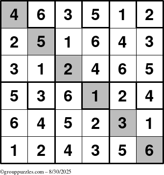 The grouppuzzles.com Answer grid for the Sudoku-6up-UR-D puzzle for Saturday August 30, 2025