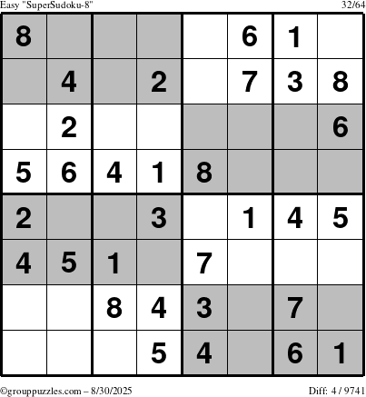 The grouppuzzles.com Easy SuperSudoku-8 puzzle for Saturday August 30, 2025