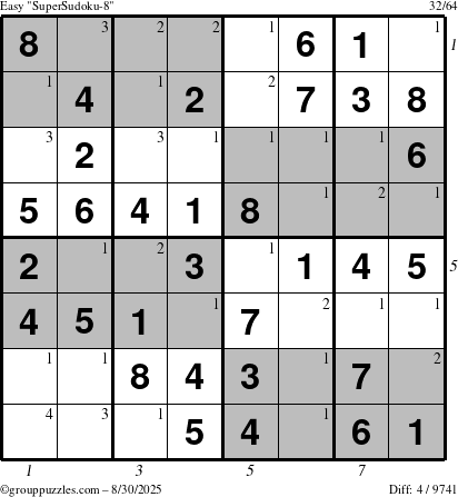The grouppuzzles.com Easy SuperSudoku-8 puzzle for Saturday August 30, 2025 with all 4 steps marked
