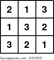 The grouppuzzles.com Answer grid for the TicTac-123 puzzle for Saturday August 30, 2025
