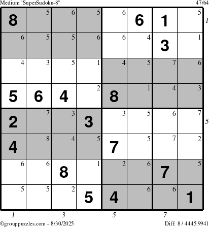 The grouppuzzles.com Medium SuperSudoku-8 puzzle for Saturday August 30, 2025 with all 8 steps marked