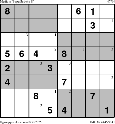 The grouppuzzles.com Medium SuperSudoku-8 puzzle for Saturday August 30, 2025 with the first 3 steps marked