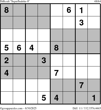 The grouppuzzles.com Difficult SuperSudoku-8 puzzle for Saturday August 30, 2025
