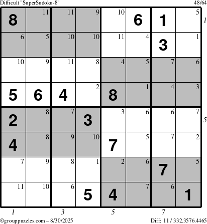 The grouppuzzles.com Difficult SuperSudoku-8 puzzle for Saturday August 30, 2025 with all 11 steps marked