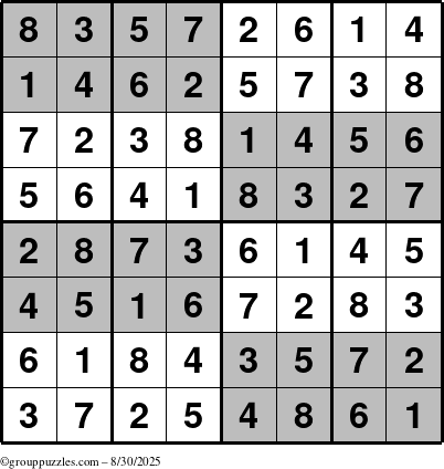 The grouppuzzles.com Answer grid for the SuperSudoku-8 puzzle for Saturday August 30, 2025