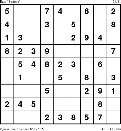 The grouppuzzles.com Easy Sudoku puzzle for Saturday August 30, 2025