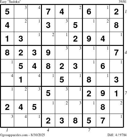The grouppuzzles.com Easy Sudoku puzzle for Saturday August 30, 2025 with all 4 steps marked
