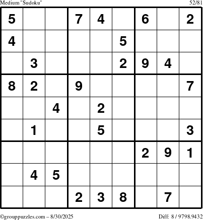 The grouppuzzles.com Medium Sudoku puzzle for Saturday August 30, 2025