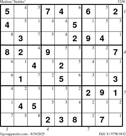 The grouppuzzles.com Medium Sudoku puzzle for Saturday August 30, 2025 with all 8 steps marked