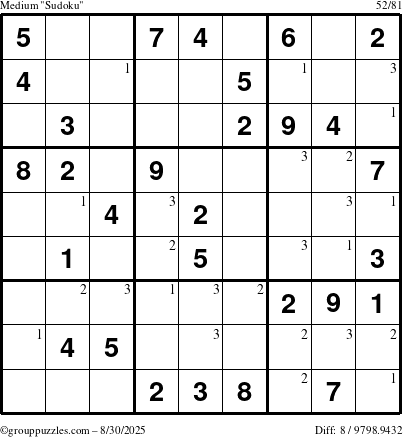 The grouppuzzles.com Medium Sudoku puzzle for Saturday August 30, 2025 with the first 3 steps marked