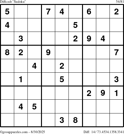 The grouppuzzles.com Difficult Sudoku puzzle for Saturday August 30, 2025