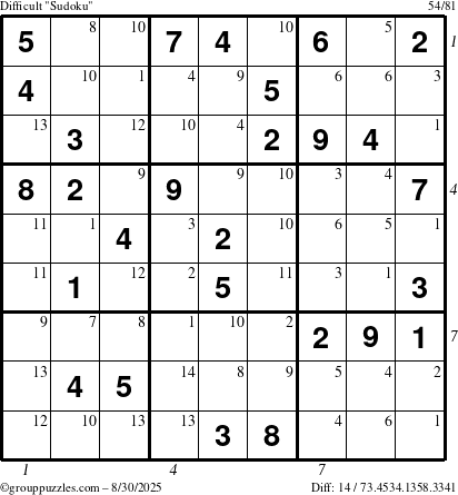 The grouppuzzles.com Difficult Sudoku puzzle for Saturday August 30, 2025 with all 14 steps marked