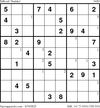 The grouppuzzles.com Difficult Sudoku puzzle for Saturday August 30, 2025 with the first 3 steps marked