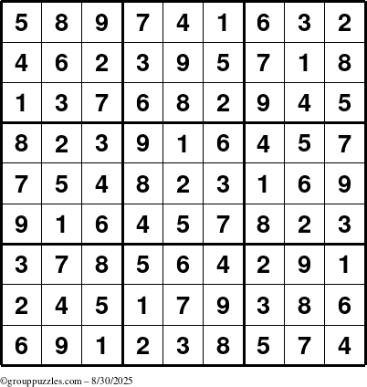The grouppuzzles.com Answer grid for the Sudoku puzzle for Saturday August 30, 2025