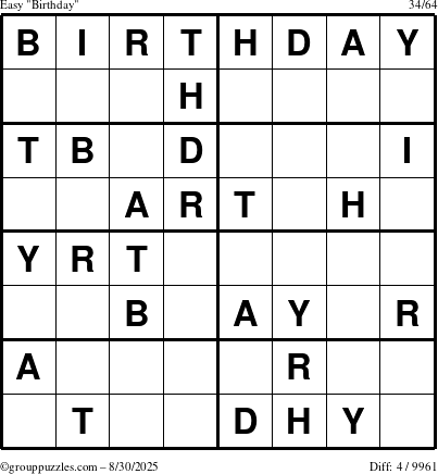 The grouppuzzles.com Easy Birthday puzzle for Saturday August 30, 2025
