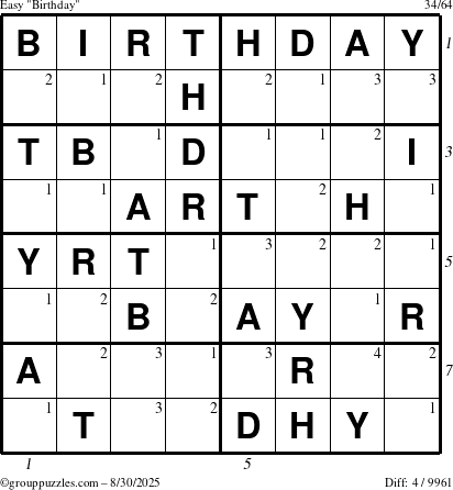 The grouppuzzles.com Easy Birthday puzzle for Saturday August 30, 2025 with all 4 steps marked
