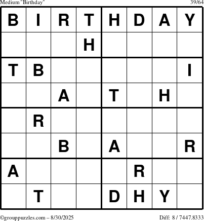 The grouppuzzles.com Medium Birthday puzzle for Saturday August 30, 2025