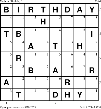 The grouppuzzles.com Medium Birthday puzzle for Saturday August 30, 2025, suitable for printing, with all 8 steps marked