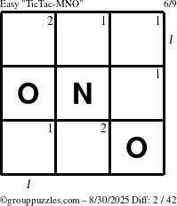 The grouppuzzles.com Easy TicTac-MNO puzzle for Saturday August 30, 2025, suitable for printing, with all 2 steps marked