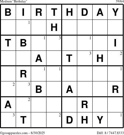 The grouppuzzles.com Medium Birthday puzzle for Saturday August 30, 2025 with the first 3 steps marked