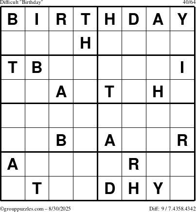The grouppuzzles.com Difficult Birthday puzzle for Saturday August 30, 2025
