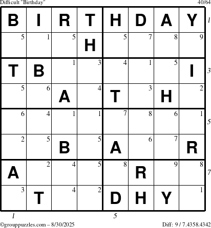 The grouppuzzles.com Difficult Birthday puzzle for Saturday August 30, 2025 with all 9 steps marked