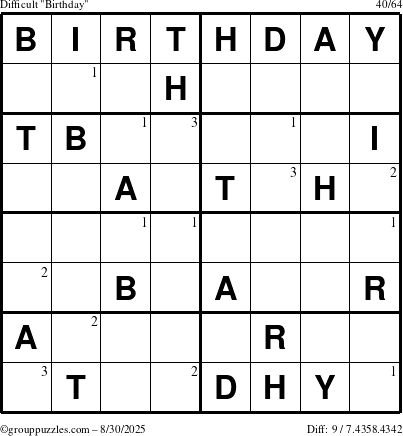 The grouppuzzles.com Difficult Birthday puzzle for Saturday August 30, 2025 with the first 3 steps marked