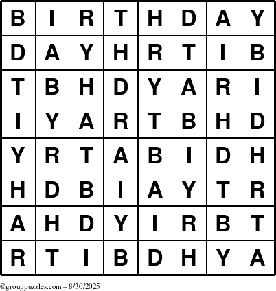 The grouppuzzles.com Answer grid for the Birthday puzzle for Saturday August 30, 2025