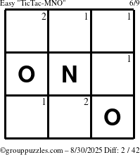 The grouppuzzles.com Easy TicTac-MNO puzzle for Saturday August 30, 2025 with the first 2 steps marked