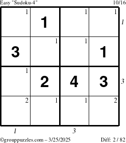 The grouppuzzles.com Easy Sudoku-4 puzzle for Tuesday March 25, 2025 with all 2 steps marked