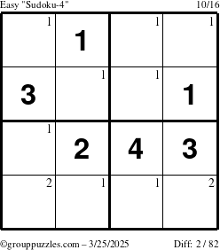 The grouppuzzles.com Easy Sudoku-4 puzzle for Tuesday March 25, 2025 with the first 2 steps marked