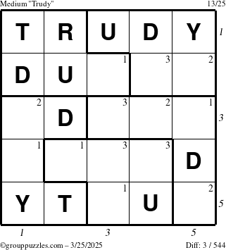 The grouppuzzles.com Medium Trudy puzzle for Tuesday March 25, 2025 with all 3 steps marked