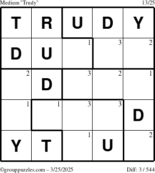 The grouppuzzles.com Medium Trudy puzzle for Tuesday March 25, 2025 with the first 3 steps marked
