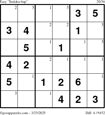 The grouppuzzles.com Easy Sudoku-6up puzzle for Tuesday March 25, 2025 with the first 3 steps marked