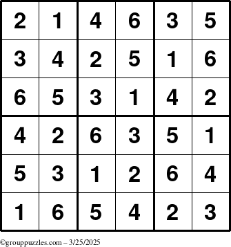 The grouppuzzles.com Answer grid for the Sudoku-6up puzzle for Tuesday March 25, 2025