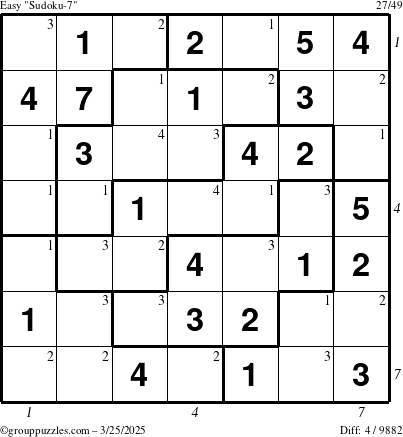 The grouppuzzles.com Easy Sudoku-7 puzzle for Tuesday March 25, 2025, suitable for printing, with all 4 steps marked