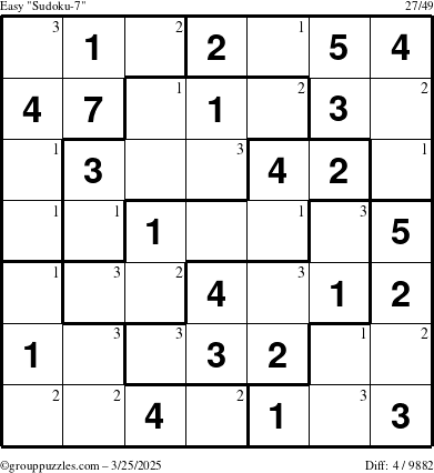 The grouppuzzles.com Easy Sudoku-7 puzzle for Tuesday March 25, 2025 with the first 3 steps marked