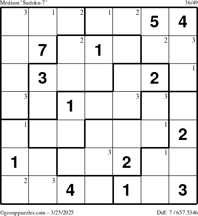The grouppuzzles.com Medium Sudoku-7 puzzle for Tuesday March 25, 2025 with the first 3 steps marked