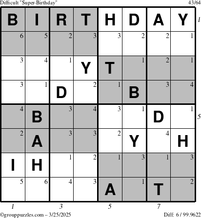 The grouppuzzles.com Difficult Super-Birthday puzzle for Tuesday March 25, 2025 with all 6 steps marked