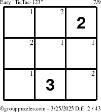 The grouppuzzles.com Easy TicTac-123 puzzle for Tuesday March 25, 2025 with the first 2 steps marked