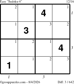 The grouppuzzles.com Easy Sudoku-4 puzzle for Tuesday August 4, 2026, suitable for printing, with all 3 steps marked