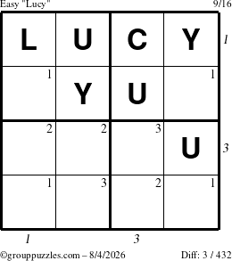 The grouppuzzles.com Easy Lucy puzzle for Tuesday August 4, 2026 with all 3 steps marked