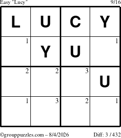 The grouppuzzles.com Easy Lucy puzzle for Tuesday August 4, 2026 with the first 3 steps marked