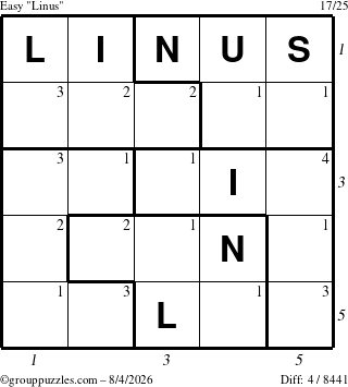 The grouppuzzles.com Easy Linus puzzle for Tuesday August 4, 2026, suitable for printing, with all 4 steps marked
