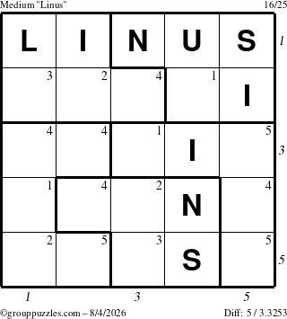 The grouppuzzles.com Medium Linus puzzle for Tuesday August 4, 2026, suitable for printing, with all 5 steps marked